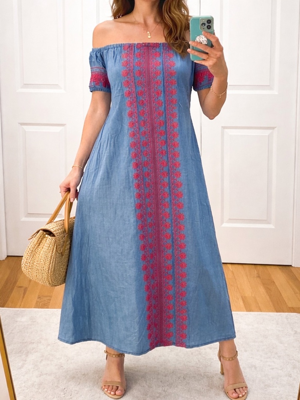 Madewell chambray off shoulder red embroidered dress XXS 100% cotton